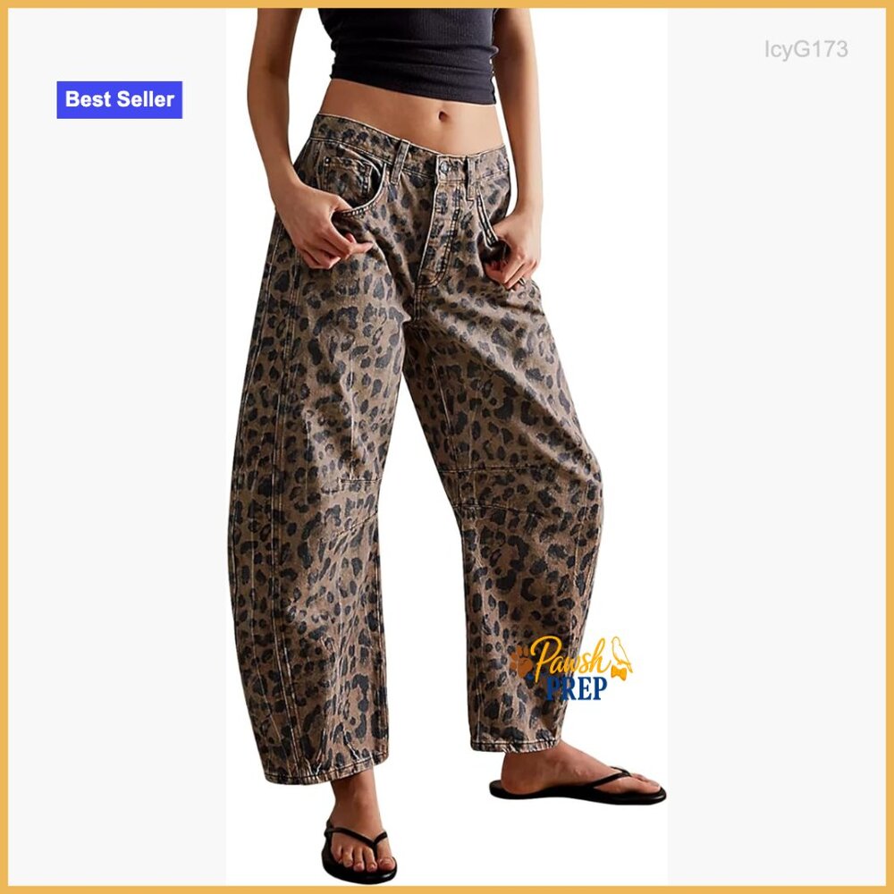 Wide Leg Barrel Jeans Mid Rise Boyfriend Fit Leopard Print Denim Pants